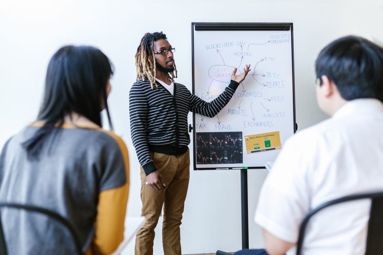 A consultant explains a plan on a whiteboard to two colleagues